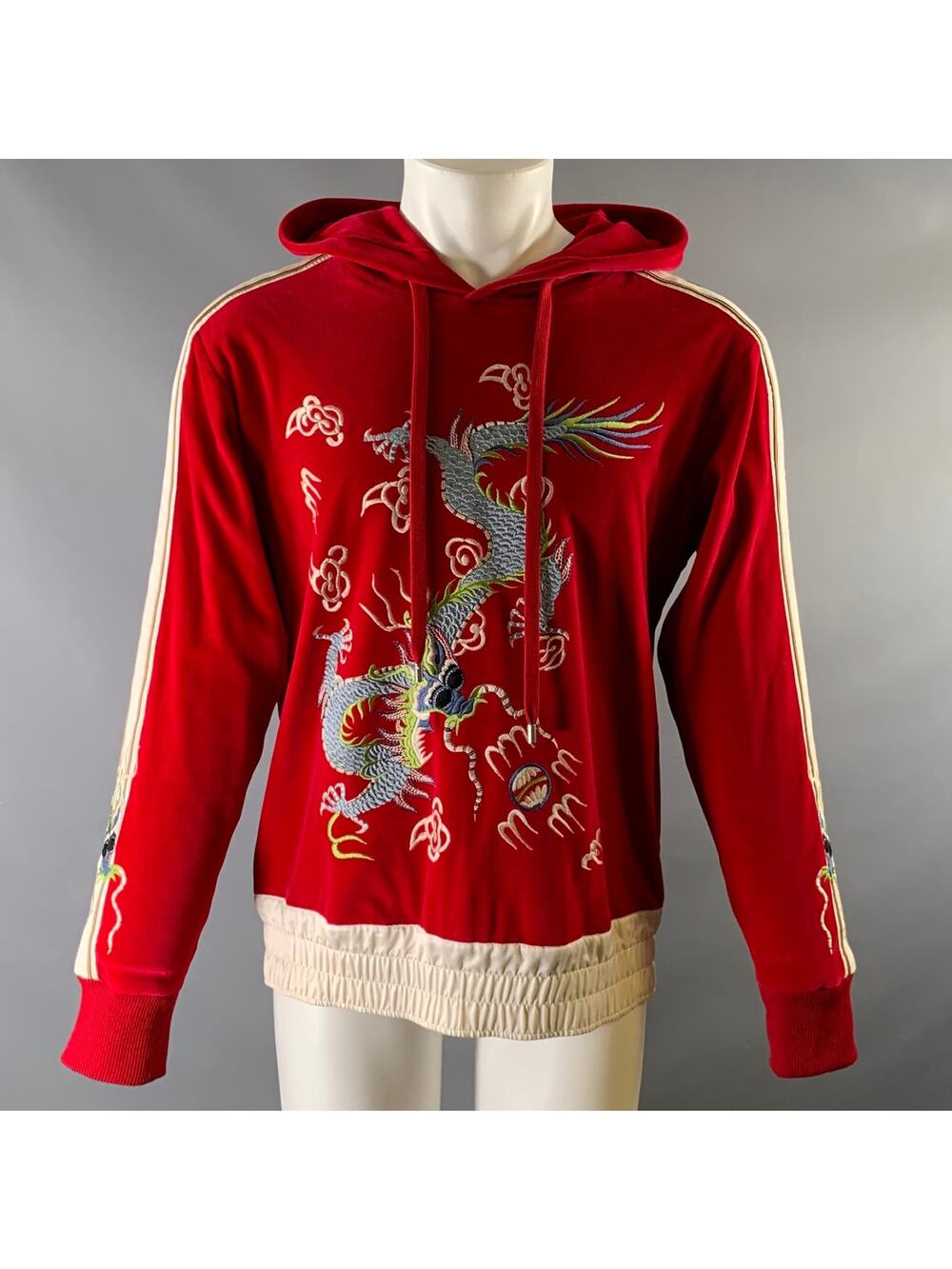 GUCCI Size M Red Cream Cotton Hooded Sweatshirt